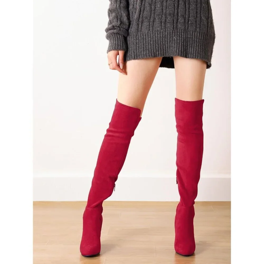 Women Red Faux Suede Chunky Heel Stretch Over The Knee Thigh High Long Boot
